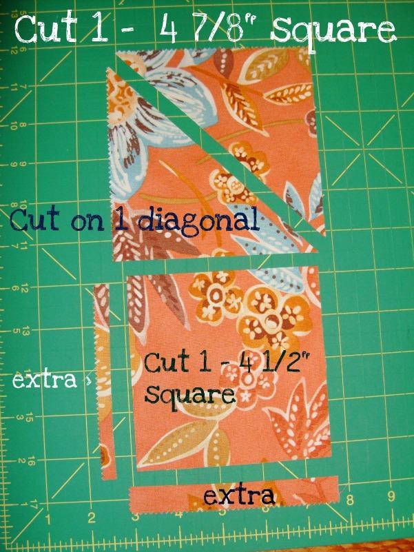 Cut 2 7/8 square in half on the diagonal. Cut across the width, 1-2 ½ strip.