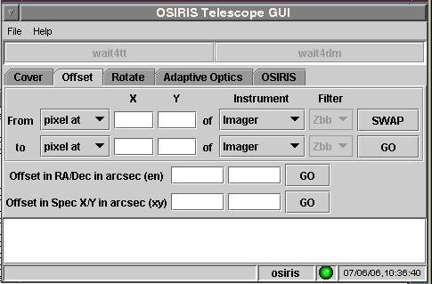 Telescope GUI The OSIRIS telescope GUI is used to input and send all commands to the telescope. The white box is used for logging which commands where issued.