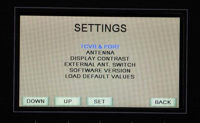 5. SETTINGS TCVR & PORT selects the radio type and the parameters for the serial port ANTENNA selects the antenna DISPLAY CONTRAST the brightness of the display EXTERNAL ANT.