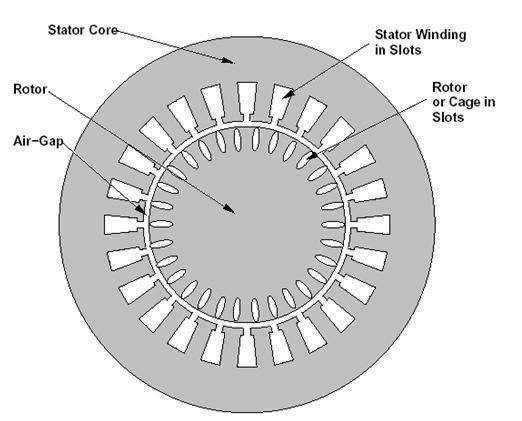 Physical Arrangement A stator consists of steel frame that supports a hollow cylindrical core of stacked laminations. Slots on the internal circumference of stator house the stator winding.