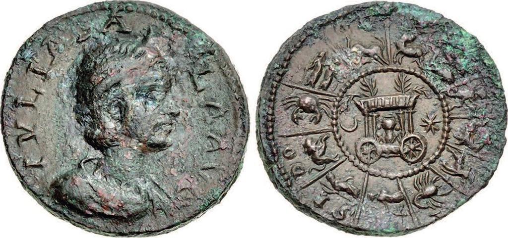 Figure 7 Bronze coin of Elagabalus minted at Sidon. The bust of his wife, Julia Paula, is on the obverse. Diameter 30 mms. On the reverse the cart of Astarte is surrounded by the signs of the zodiac.