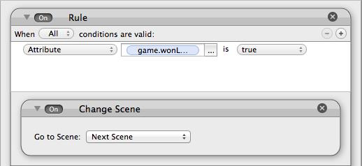 We don t have any more Scenes yet, so the game would just get confused if we tried to run that Rule. Fortunately GameSalad lets you easily switch Rules and Behaviors on and off.