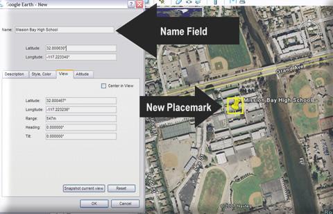 A New Placemark control panel should pop-up and a Placemark will appear near the center of the screen (Indicated by the black arrow in Figure 1-10 below).
