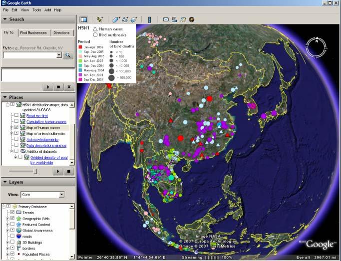 Figure 1-14: Bird Flu Outbreak map of Google Earth b) In the Place Panel, select the layer of Additional datasets. If you see the alert message window such as Unsupported image format, go_russia.