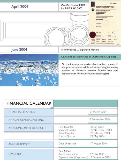 FINANCIAL CALENDAR FINANCIAL YEAR END ANNUAL GENERAL MEETING ANNOUNCEMENT OF RESULTS ANNUAL REPORT DIVIDEND 31 March 2004 9 September 2004
