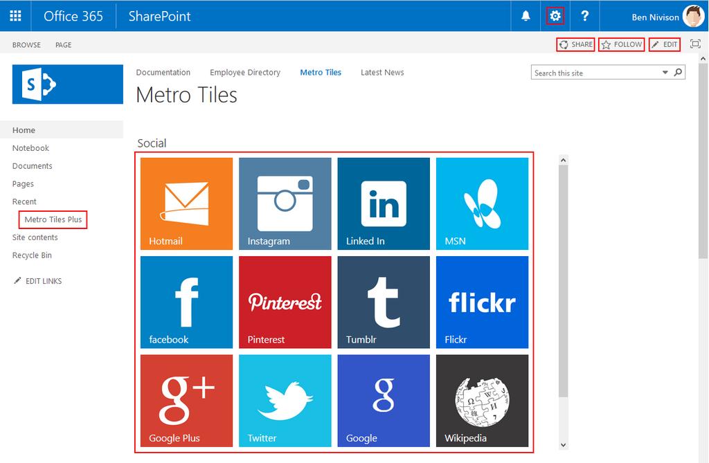 2.2 Configuring Metro Tiles on your SharePoint Site The SharePoint page which displays the Metro Tiles gives you access to following features: 1. Go to Edit the Web page/ app part in the SharePoint 2.