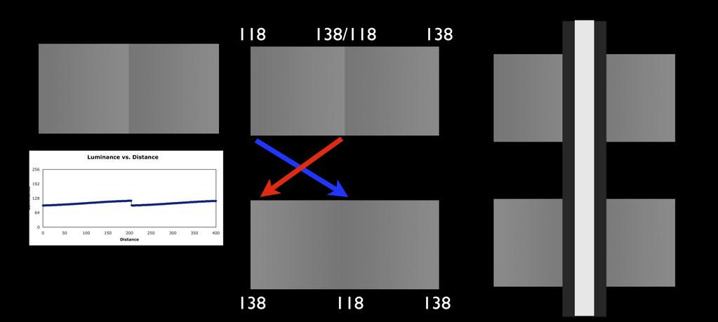 The Black and White Mondrian experiment (Figure 4) identifies two areas in a complex display that appear near white and near black when they both have the same luminance.