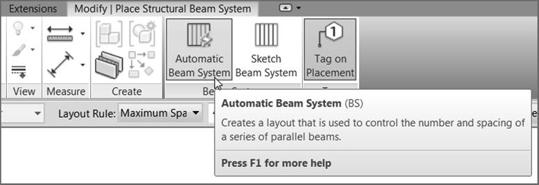 40 : Selecting the Automatic Beam System and Tag On Placement 3. Click the Tag On Placement button (see Figure 8. 4 0 ). 4. On the Options bar, make sure HSS6 6 5/8 (HSS152.4 152.4 12.