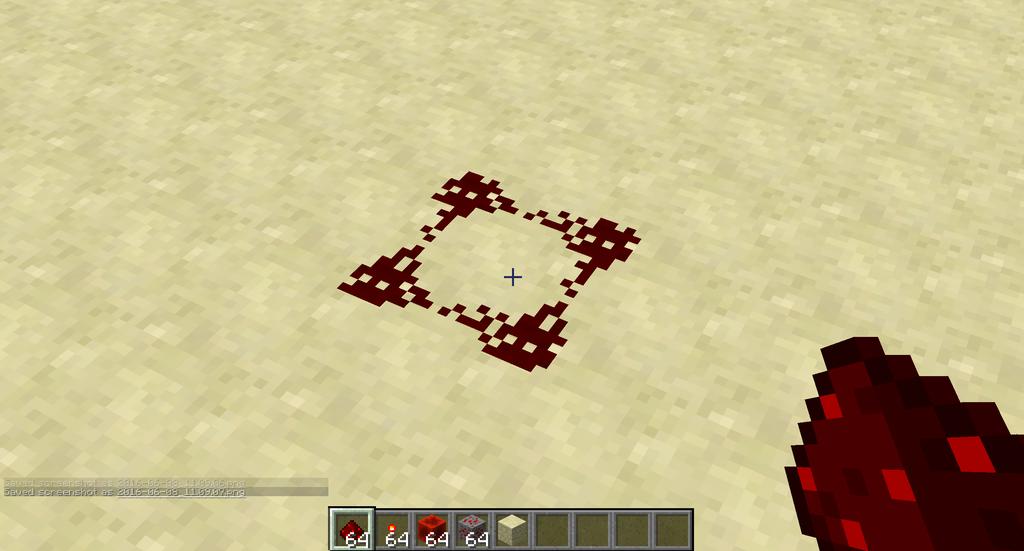 Four bits of Redstone dust placed on the ground Actions 1. Place some Redstone dust on the ground 2. Place more Redstone dust to form a line 3.
