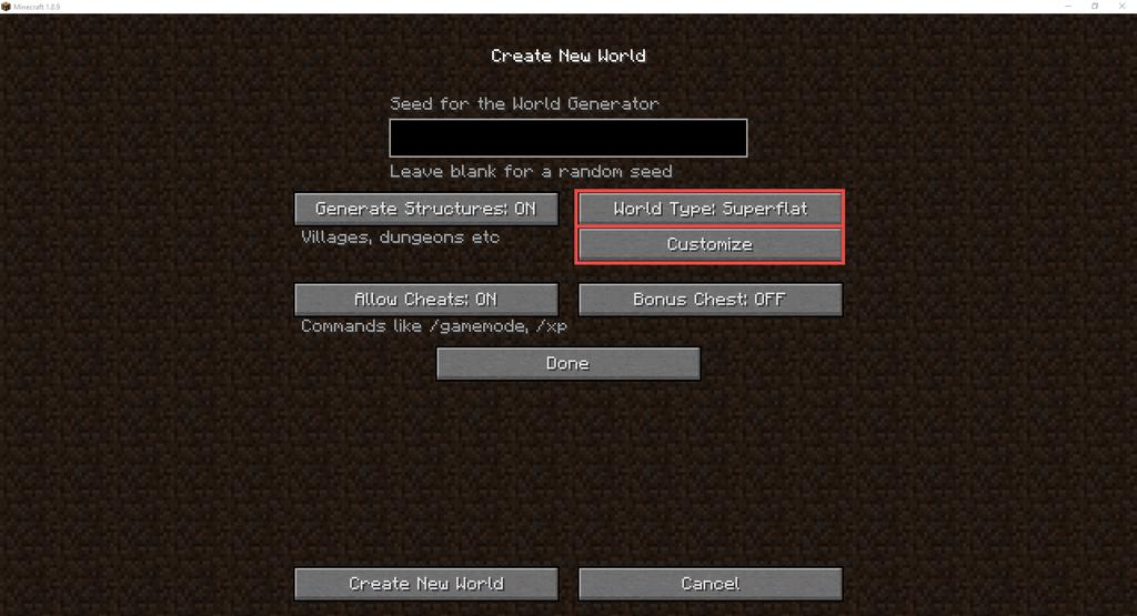 Create New World (Stage 2) Set World Type to