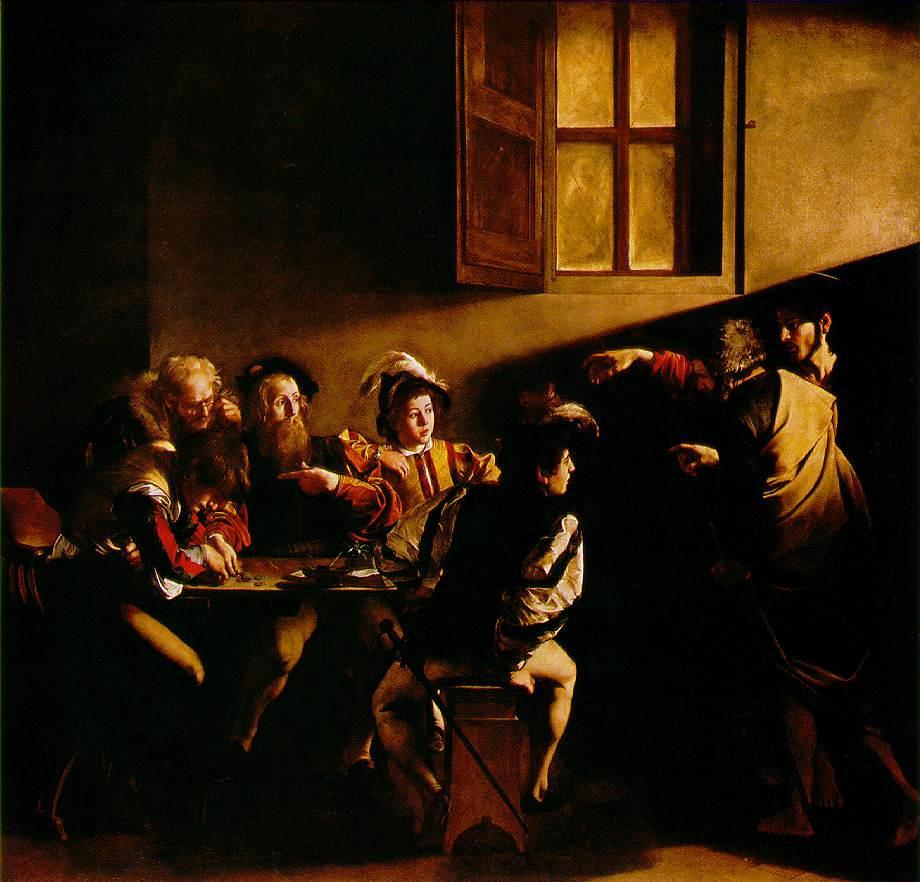 Matthew, a money-hungry tax collector, is called to follow Christ and give up his worldly possessions Christ walks in with arm outstretched Piercing rays of sun pointing to Matthew to show the very