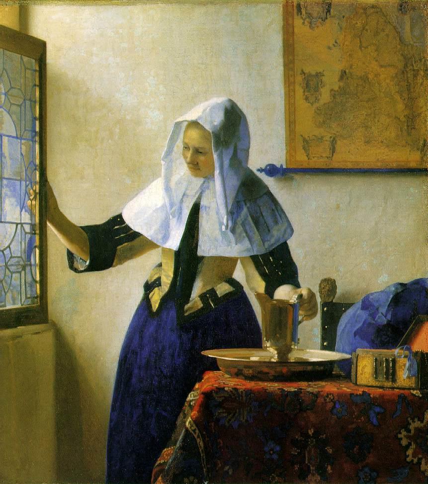 VERMEER Young Woman with a Water Pitcher, 1662 Domestic life (typical genre painting) Delicacy Simple act of opening window, holding water
