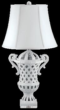 285 LATTICE CERAMIC URN TABLE LAMP GLOSS WHITE PORCELAIN, ACRYLIC BASE WHITE SILK SHADE SIZE: 18 W 32 H SHADE: 18 W 11 H 278/S2 205 273/S2 VERSAILLES