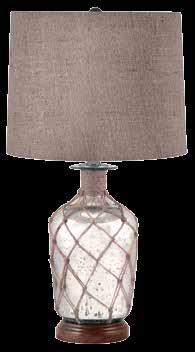 289 JUTE-WRAPPED MERCURY GLASS TABLE LAMP MERCURY GLASS WITH JUTE WRAPPING, WOOD BASE BLEACHED BURLAP SHADE SIZE: 15 W 24 H SHADE: 15 W 10 H 240 FLUTED MERCURY GLASS TABLE LAMP FLUTED MERCURY GLASS