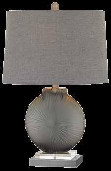 D2909 SIMONE TABLE LAMP HAND CUT GLASS, METAL AND ACRYLIC WITH GREY AND PEWTER FINISH OVAL, GREY LINEN SHADE SIZE: 15 W 10 D 23 H SHADE: 15 W 10 D 10 H 8005 CLEAR/FROSTED SEED GLASS TABLE LAMP