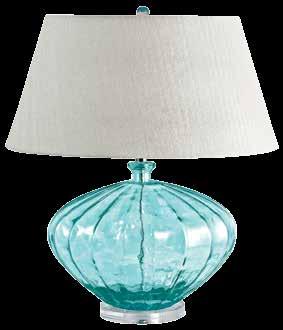 210 RECYCLED FLUTED GLASS URN TABLE LAMP IN BLUE BLUE RECYCLED GLASS, ACRYLIC BASE BLEACHED BURLAP SHADE SIZE: 20 W 25 H SHADE: 20 W 11 H 8010 THUMB PRINT GLASS TABLE LAMP IN GREEN GREEN THUMB PRINT