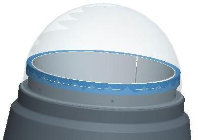 8. Insert the transparent dome on the collar over the brush seal so that the predrilled holes in the dome are facing through the collar into the tube. transparent dome collar 9.