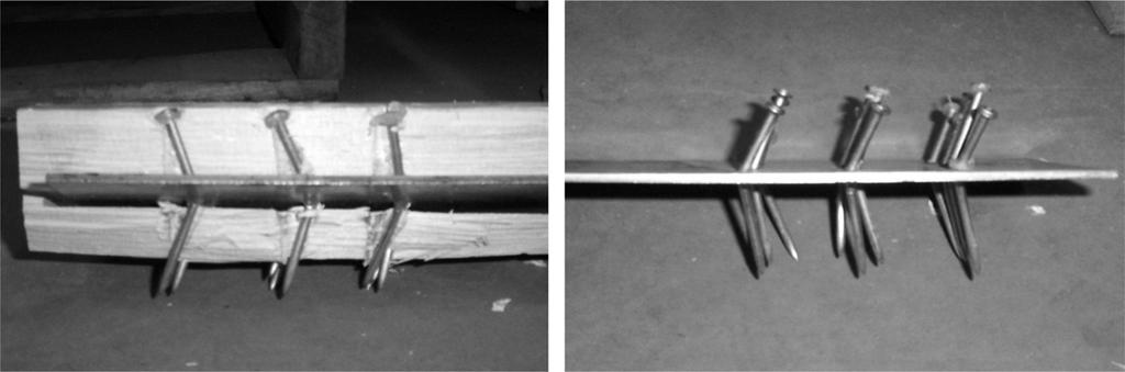 Shim et al NAILED PLATE CONNECTIONS FOR ROUND TIMBER 317 Figure 6. Mode III nail bending failure. Figure 7. Block shear failures. load was reached.