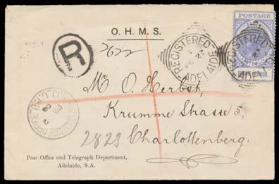 registration tied to OHMS cover to Germany by 'REGISTERED/FE22/--/ADELAIDE' squared-circle (no year slug), superb 'R'-in-oval h/s & 28mm 'CORRESPONDENCE OFFICE/FE22/06/GPO' cds at