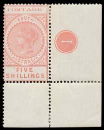 block of 4 with '[A]USTRLAIA' Watermark Error (Cat $750), & 5/- with Misplaced 'SA' Perfin mint (toning).