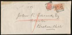 (3) 333 CL (B) Lot 333 1902-04 Thin 'POSTAGE' 4d (repaired) & 1d both with 'ES/& Co' perfins of Elder Smith & Co tied to long linen-lined cover to Broken Hill by