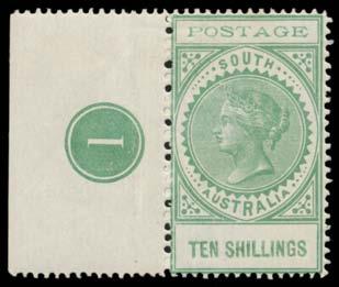 [Only 12,000 stamps were printed] 400 Lot 341 341 * A B1 1902-04 Thin 'POSTAGE' 10/- green marginal single from the lower-left