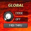 The GLOBAL mode selector knob toggles the arpeggiator between off (default), on, hold, and hold +/- modes.