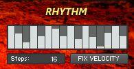 The RHYTHM section has adjustable step count settings and pattern volume sliders, as well as the ability to set the velocity across