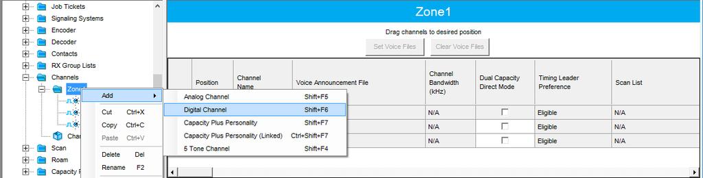 Configuring MOTOTRBO Equipment 4.2.5 Channel In the left pane, select Channels. Right-click it, and choose Add > Zone. In the left pane, select the zone you have added.