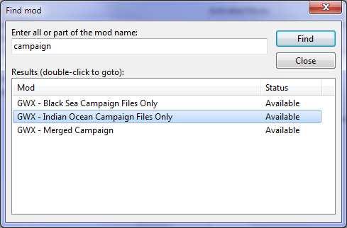 Type in all or part of a mod name that you want to find and click the Find button (see Figure 16).
