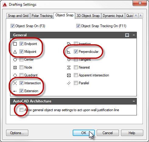 Right-Click above the OSNAP toggle below the status bar of the AutoCAD window, and choose from the drop-up menu Object Snap