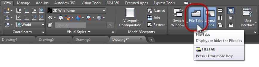 You can control the displays of the Drawing Tabs if you go to the View ribbon tab and then you will see the Windows panel