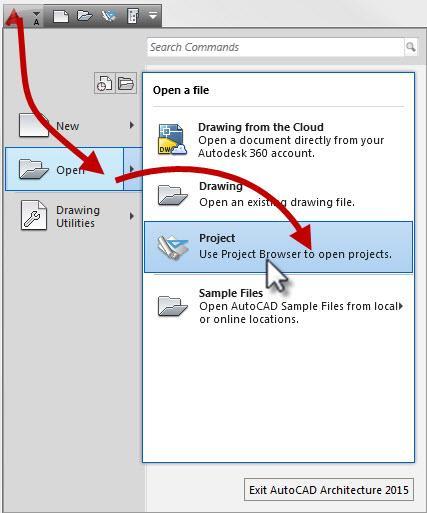 Application menu, then Open and Project line.