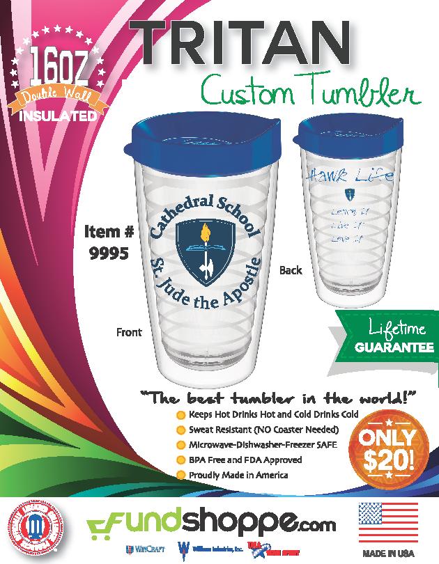 Parents, This is our NEW St. Jude Tumbler. The design is slightly different than the flyers that were sent home but look JUST as great!!! You can purchase these through our fall fundraiser.