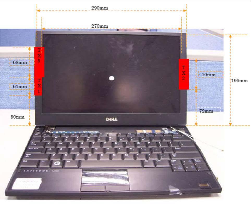 1.3 Antenna Locations The antennas on the Dell laptop with the Intel WiFi-Link 533 Series card installed are located within the chassis as identified in the image below.
