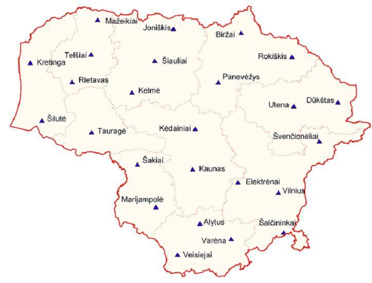 Stations LitPOS a Multipurpose Positioning System for the Lithuania. It is an active network of permanent GNSS stations (Fig. 5). Total number of stations is 25.