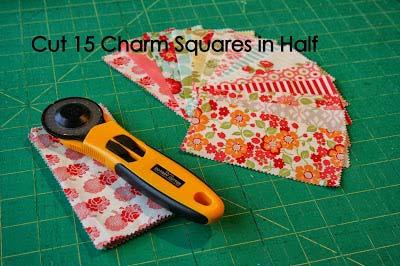 7. Cut the 30 (+) charm halves as follows: Cut some charm halves into 2.5 x 4.5 rectangles, and discard the remaining.5 x 2.5 rectangle. Cut some charm halves into 2.5 x 3.5 rectangles and 1.5 x 2.5 rectangles. Cut at least 10 charm halves in half again, leaving you with (20) 2.