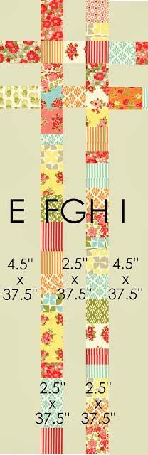6. Place strip E (4.5 x 37.5 ) and F (pieced strip 2.5 x 37.5 ) right sides together, pin, sew, and press. Sew strip G (2.5 x 37.5 ) and strip H (pieced strip 2.5 x 37.5 ) right sides together, pin, sew, and press. Sew EF to GH.