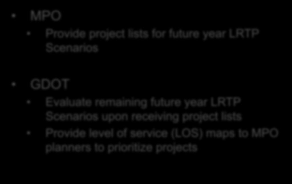 MPO Next Steps Provide project lists for future year LRTP Scenarios GDOT Evaluate remaining future year LRTP