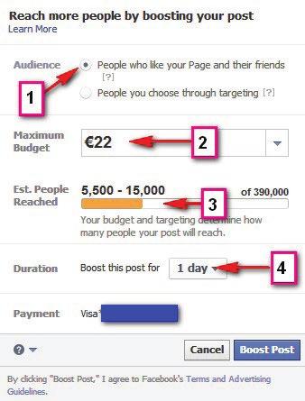21 Boosting a post to increase your reach: fans and friends of fans Boosting a post means you are paying a small sum of money to increase the reach of a post. There are two ways to do this.
