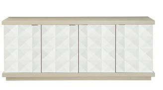 AXIOM INDEX 381-134 BUFFET W 78-7/16 D 19 H 32 in. W 199.23 D 48.26 H 81.28 cm. Poplar solids and engineered faux anigre veneers. Linear Gray finish on case with Linear White finish on end panels.