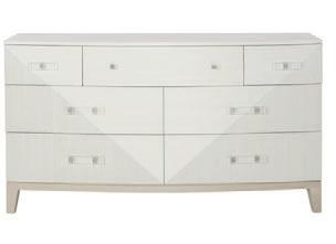 Six drawers with cast shaped overlays on drawer fronts in White Linen finish. Adjustable glides. Anti-tip kit.