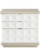 AXIOM INDEX 381-228 NIGHTSTAND W 26 D 19 H 29-3/4 in. W 66.04 D 48.26 H 75.57 cm. Poplar solids and engineered faux anigre veneers. Linear White finish on case and fancy face drawer fronts.