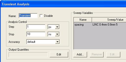 8. Expand the Analysis icon, double-click on the Transient analysis setup, and verify the sweep of the spacing variable. 9.