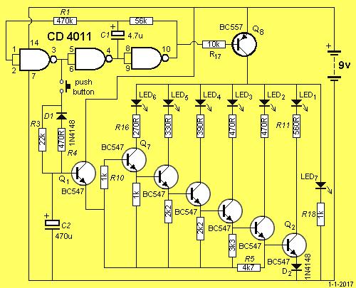 LED Zeppelin Circuit HOW THE CIRCUIT WORKS The circuit consists of a three-inverter CMOS clock-oscillator driving Q8 that flashes the LEDs on and off.