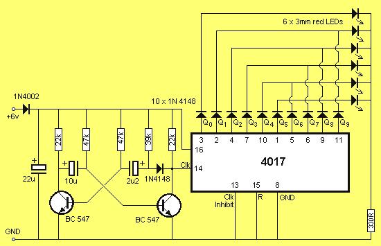 The multivibrator contains two extra components to speed up the waveform and make it acceptable for all brands of 4017's.