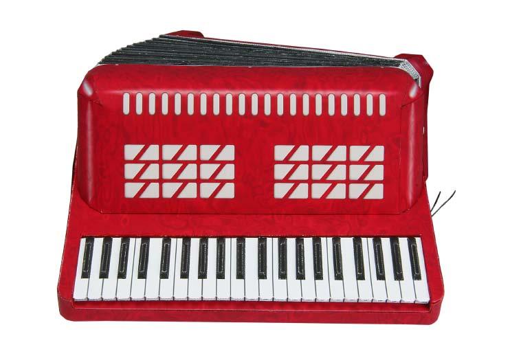 This paper craft model is based on a piano accordion, with a keyboard on the right hand side. It is constructed so that the bellows can be slightly compressed and expanded.