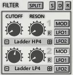 MOD Enables Velocity/Filter Envelope and the Random LFO for each filter section.