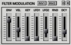 Filter Modulation The Filter Modulation Section is used to control the Modulation amounts of all available Modulators that affect the Filter Cutoff.