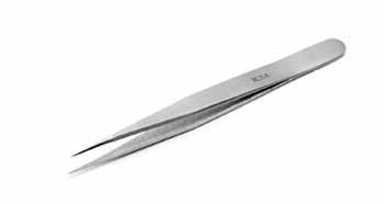 of the tweezers: - Made from matt finished anti-acid, anti-magnetic stainless steel. - Thanks to the tip design, they are well suited for both trough hole insertion components and SMDs.